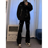 Threebooy American style pants high street black strap slightly flared jeans men's slim fit straight leg work pants